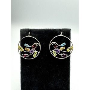 Sterling Silver Multi Gemstone Circle Disc Dangle Earrings